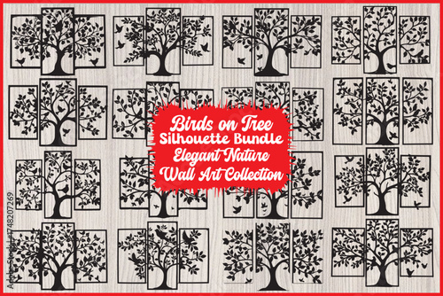Nature Birds on Tree Silhouette Set