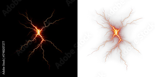 Electric lightning bolt overlay illustration with vibrant orange and yellow hues on contrasting black and white backgrounds, ideal for dynamic graphic design projects and visual effects