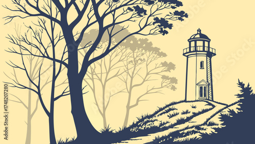 Silhouette Illustration of Lighthouse with Trees and Pathway.