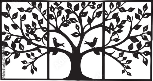 Nature Birds on Tree Silhouette Set