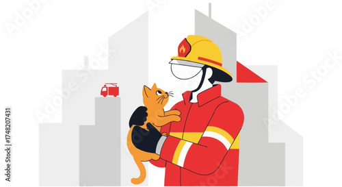 Firefighter saving a cat from burning building cartoon illustration rescue service hero action