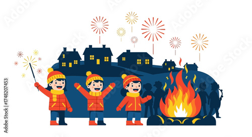 Festive winter celebration: Children enjoy bonfire and fireworks in snowy village at night