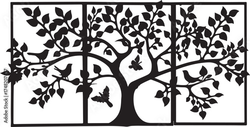 Nature Birds on Tree Silhouette Set