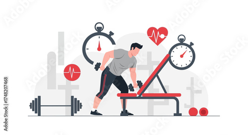 Fitness illustration featuring a man lifting dumbbells on a bench for strength training