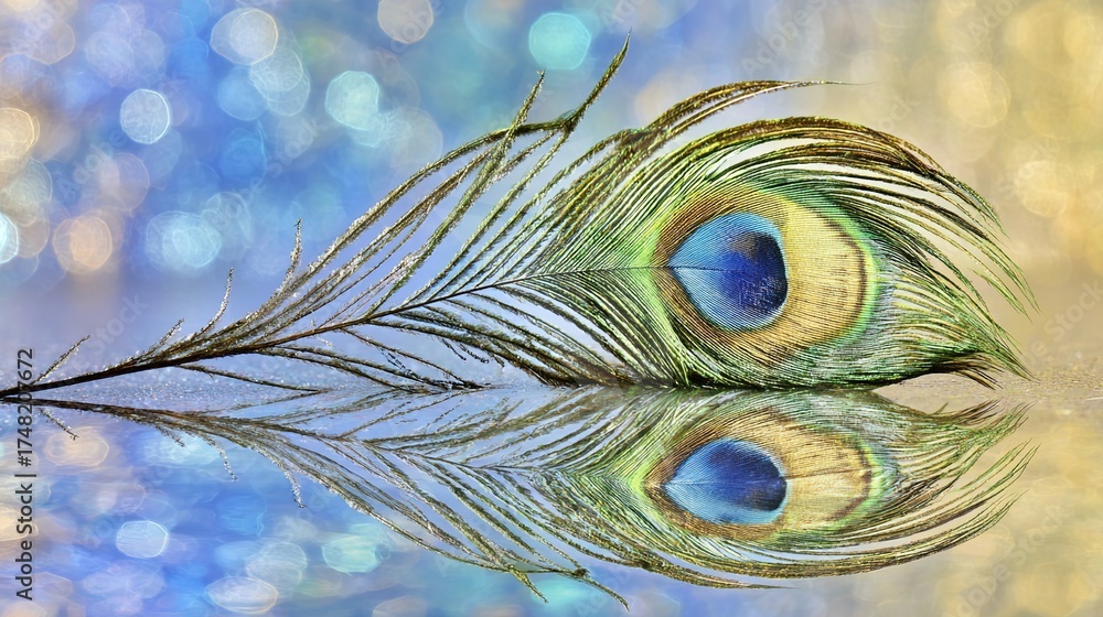 Fototapeta premium peacock. A close-up of a peacock feather against a mirrored surface with iridescent blue-green tones. wildlife magazines, conservation campaigns, designed for wildlife conservation campaigns.