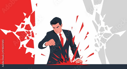 Frustrated businessman punching through wall, expressing anger and determination with forceful