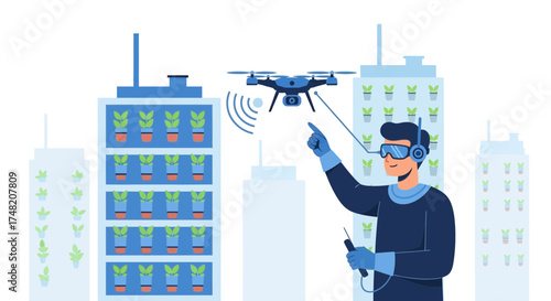 Futuristic agriculture concept featuring drone and vertical farms in urban environment using