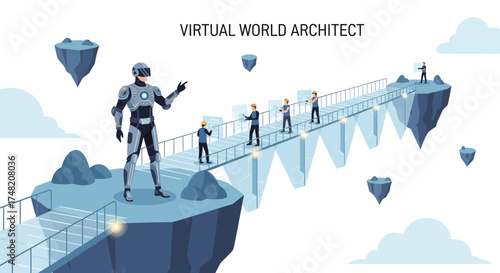 Futuristic virtual world architect overseeing construction of bridge in metaverse landscape