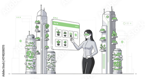 Futuristic Vertical Farming: A Woman in VR Managing Sustainable Urban Agriculture System