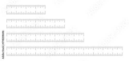 Ruler scale, measuring chart with 4, 6, 8, 12 inches set. Length measurement with 4 inches, distance with 6 inches, math with 8 inches and height with 12 inches. Template of sewing tool. 