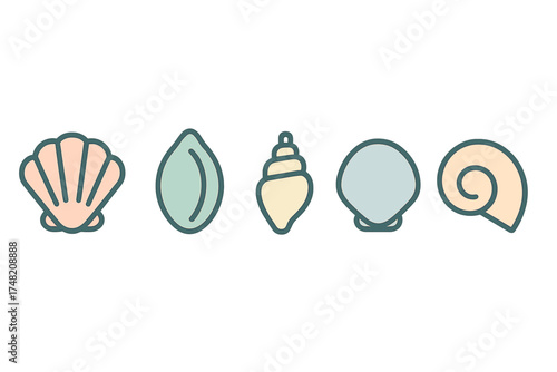 Minimalist collection of assorted sea shells and marine mollusk icons in soft pastel colors