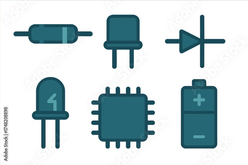 Resistor capacitor diode LED microchip and battery set of basic electronic components