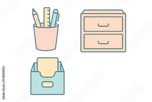 Minimalist desk organization set with pen cup, filing cabinet, and document holder