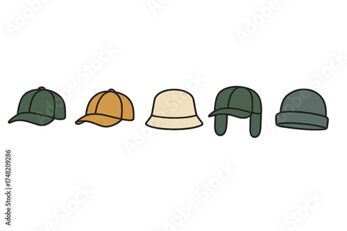 Collection of diverse modern and classic headwear styles including caps, beanies, and bucket hats