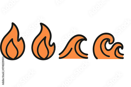 Stylized icons of burning fire flames and rolling ocean waves set on a white background