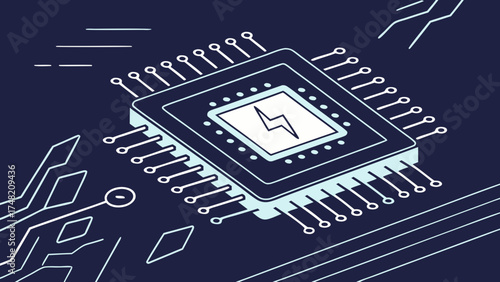 Digital chip design featuring glowing power symbol, representing technology and innovation in electronics
