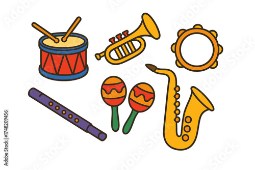 Colorful collection of various musical instruments drum trumpet saxophone maracas