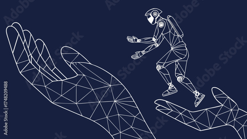 Digital representation of robot figure in dynamic pose, emerging from stylized hands, symbolizing support and innovation