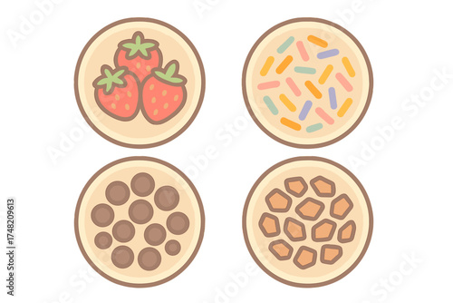 Sweet breakfast food toppings including strawberries sprinkles and chocolate chips