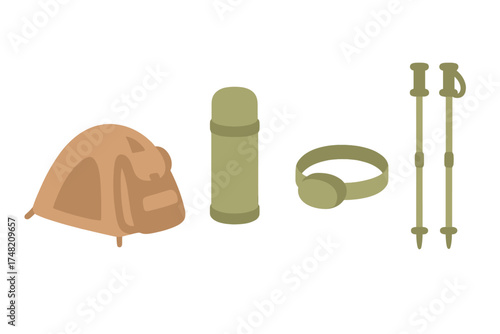 Essential outdoor adventure gear set with tent, insulated flask, headlamp, and hiking poles