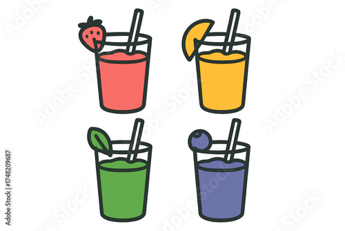 Four refreshing fruit drinks in glasses garnished with strawberry, orange, mint, and blueberry