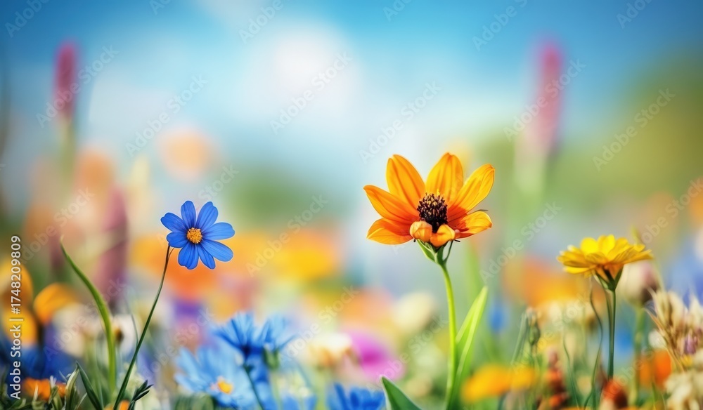 Fototapeta premium A vibrant field of wildflowers featuring blue and orange blooms, set against a soft-focus background of colorful petals and greenery.
