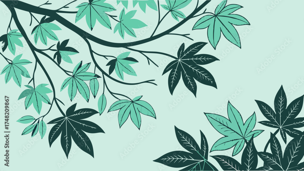 Fototapeta premium Stylized Leafy Branches on a Green Background.