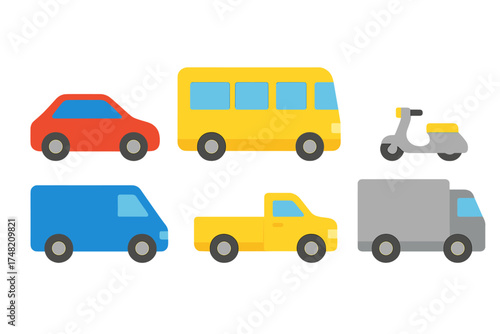 Set of various colorful road vehicles and transportation modes