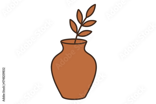 Minimalist terracotta clay pot holding a stylized brown branch with five leaves