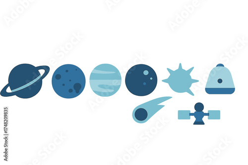 Flat design collection of space icons featuring planets, satellite, comet, and capsule