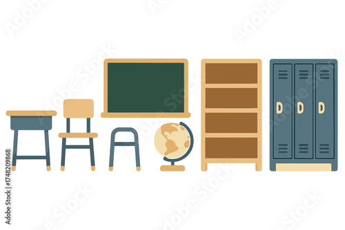 Essential school supplies and classroom furniture set featuring desk chair chalkboard globe and lockers