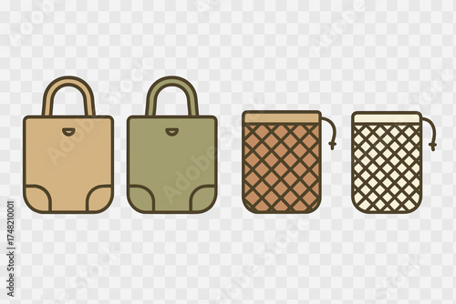 Set of four eco-friendly reusable shopping bags including canvas tote bags and mesh produce sacks