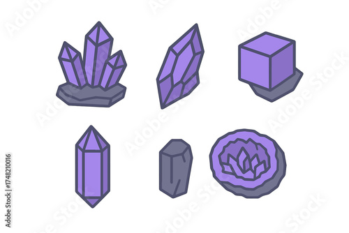 Stylized purple mineral formations, raw clusters and faceted gemstones