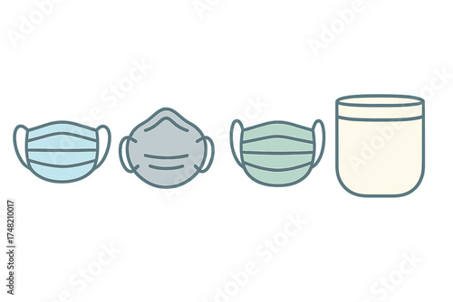 Protective face coverings set including surgical masks, N95 respirator, and clear face shield equipment for health safety