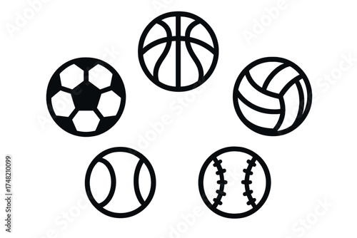 Five black and white outline icons of major team and individual sports balls