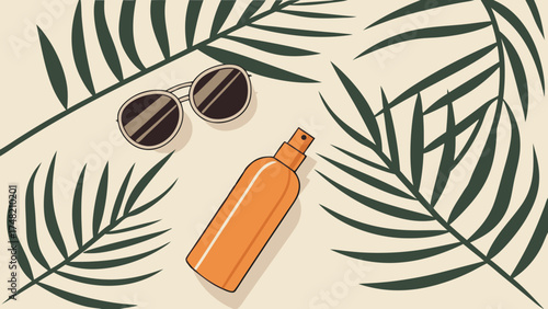 Sunscreen Sunglasses and Palm Leaves Illustration.