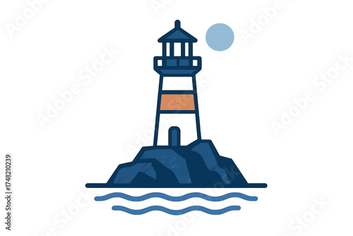Coastal lighthouse structure standing on a rocky island surrounded by deep ocean water