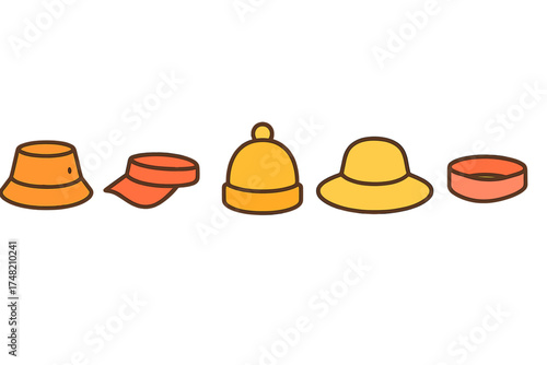 Collection of headwear accessories including bucket hat, sun visor, beanie, wide brim hat, and headband