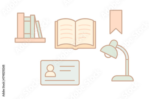 Educational and office supplies set featuring books, desk lamp, and identification card elements