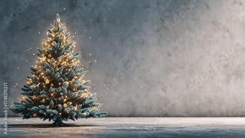 A realistic photo of a glowing Christmas tree with decorations, minimalist and Clean background