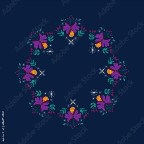 A winter Christmas round frame with lilac bows, yellow baubles, and winter greenery, snowflakes, holly, and spruce. A round snowflake-shaped frame with winter holiday elements.