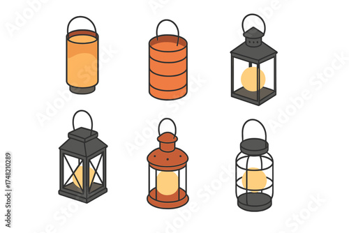 Collection of various isometric camping and decorative lanterns with glowing light sources