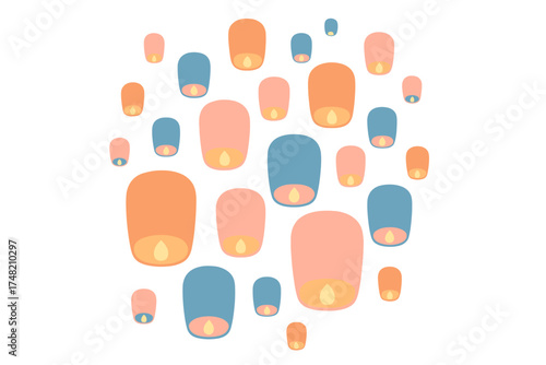 Seamless pattern of floating sky lanterns in soft pastel colors against a white background