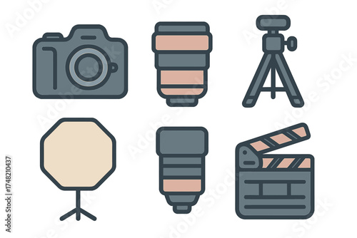 Set of flat design icons representing essential photo and video production gear