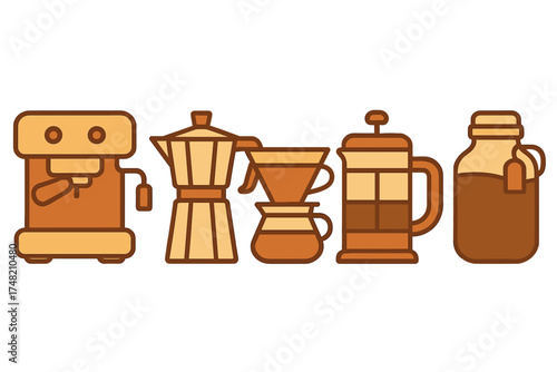 Set of various coffee brewing methods including espresso machine Moka pot and French press
