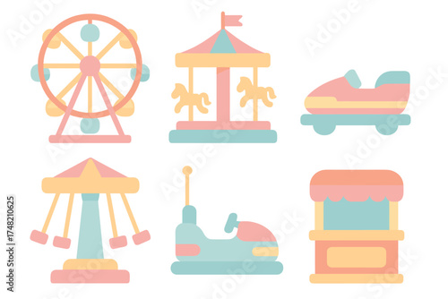 Colorful amusement park rides and fairground attractions in flat design style