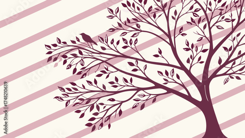 Tree silhouette with bird on a striped background.