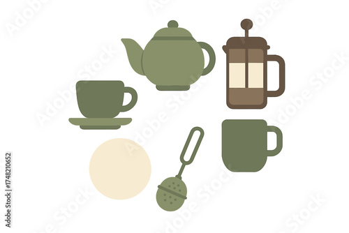 Collection of green and brown kitchen items for brewing hot beverages like teapot and French press
