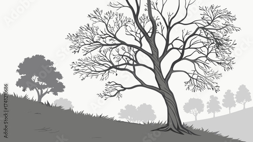 Tree silhouettes in landscape monochrome illustration.