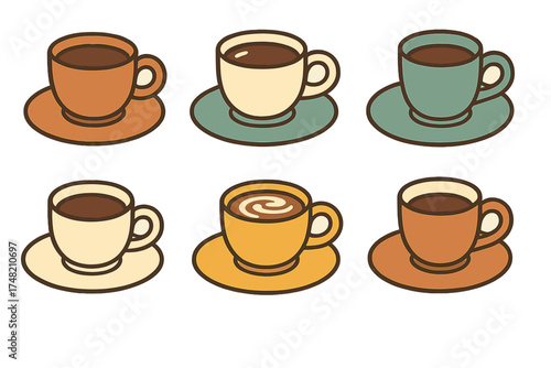 Six colorful retro coffee cups and saucers containing hot beverages in a stylized vintage design
